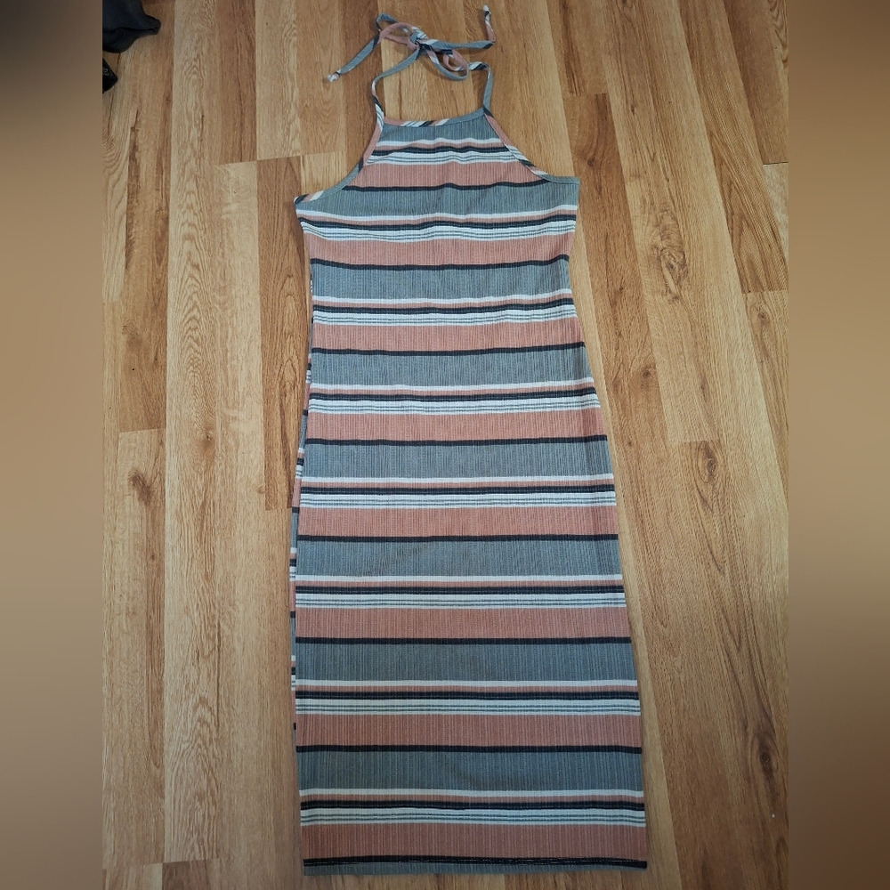 Fashion Magazine Striped Halter Bodycon Midi Dress in Blue & Light Neutral Pink - Picture 2 of 6